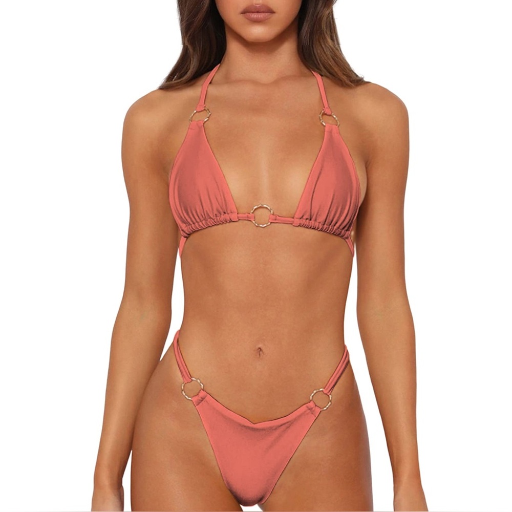 Sexy Two Piece String Bikini Women’s Size S Brown Cheeky Halter Tie Back NWOT